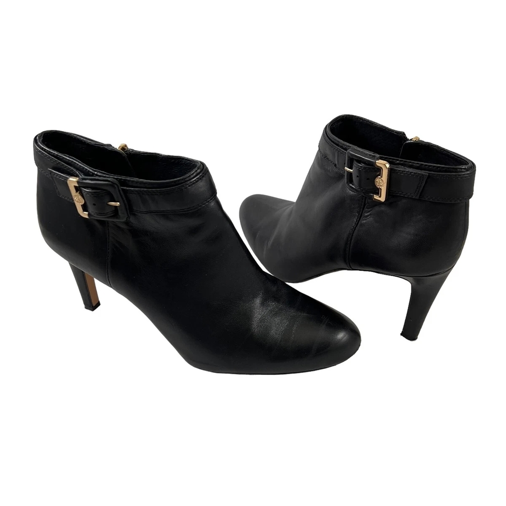 Vince Camuto Black Leather Ankle Boots with Gold Accent
